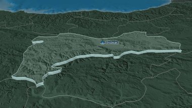 Erzincan 'a (Türkiye) yakınlaştırma yapıldı. Belirsiz bir bakış açısı. Yüzey sularıyla birlikte idari bölümün renkli ve çarpık haritası. 3B görüntüleme