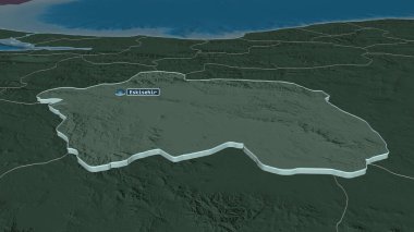 Eskisehir 'e (Türkiye ili) yakınlaştırma yapıldı. Belirsiz bir bakış açısı. Yüzey sularıyla birlikte idari bölümün renkli ve çarpık haritası. 3B görüntüleme