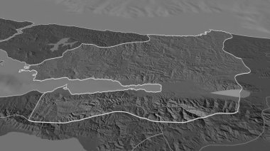 Kocaeli 'ye (Türkiye ili) yakınlaştır. Belirsiz bir bakış açısı. Yüzey sularıyla çift seviyeli yükseklik haritası. 3B görüntüleme