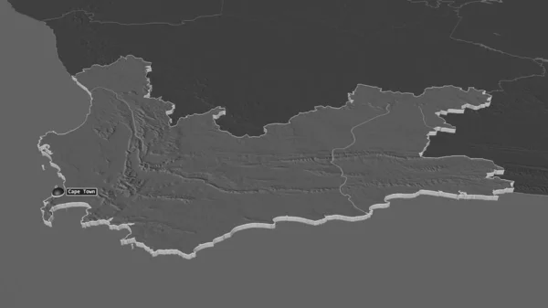 Zoom in on Western Cape (province of South Africa) extruded. Oblique perspective. Bilevel elevation map with surface waters. 3D rendering