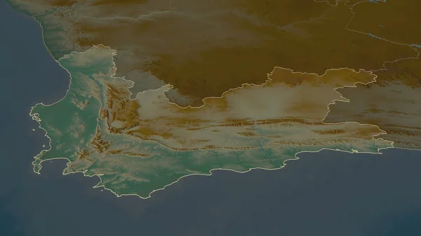Zoom in on Western Cape (province of South Africa) outlined. Oblique perspective. Topographic relief map with surface waters. 3D rendering
