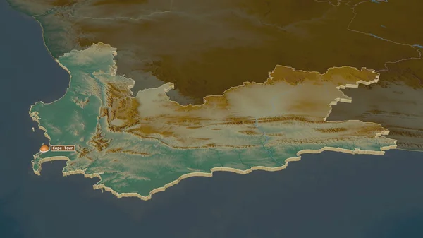 Zoom in on Western Cape (province of South Africa) extruded. Oblique perspective. Topographic relief map with surface waters. 3D rendering