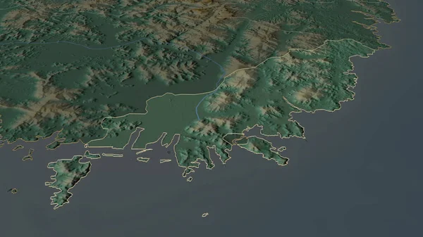 Zoom in on Busan (metropolitan city of South Korea) outlined. Oblique perspective. Topographic relief map with surface waters. 3D rendering