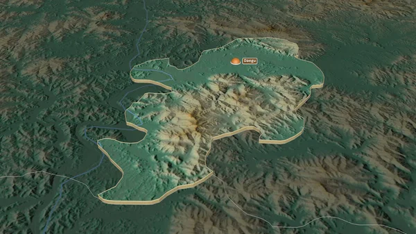 Zoom in on Daegu (metropolitan city of South Korea) extruded. Oblique perspective. Topographic relief map with surface waters. 3D rendering