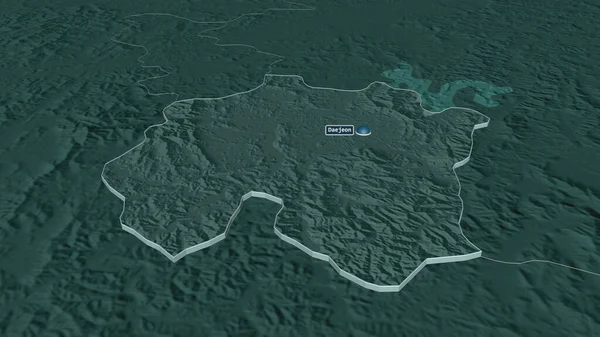 Zoom in on Daejeon (metropolitan city of South Korea) extruded. Oblique perspective. Colored and bumped map of the administrative division with surface waters. 3D rendering