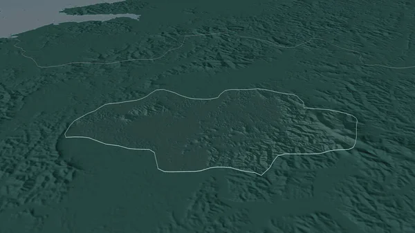 Zoom in on Gwangju (metropolitan city of South Korea) outlined. Oblique perspective. Colored and bumped map of the administrative division with surface waters. 3D rendering