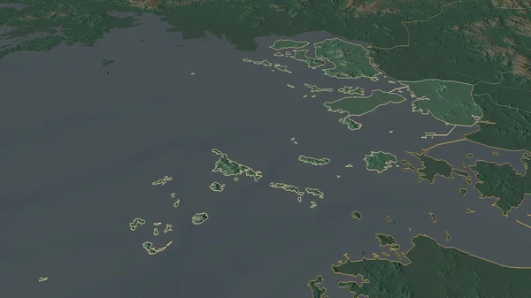 Zoom in on Incheon (metropolitan city of South Korea) outlined. Oblique perspective. Topographic relief map with surface waters. 3D rendering