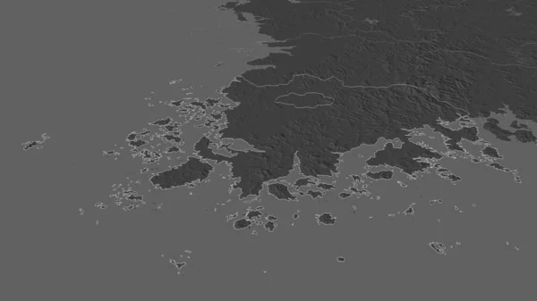 把重点放在Jollanam 韩国省 斜的角度 带地表水的双层高程图 3D渲染 — 图库照片