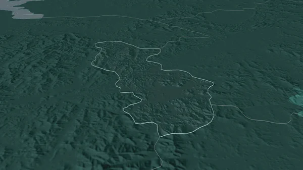 Zoom in on Sejong (metropolitan autonomous city of South Korea) outlined. Oblique perspective. Colored and bumped map of the administrative division with surface waters. 3D rendering