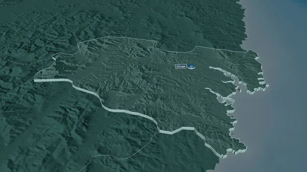 Zoom in on Ulsan (metropolitan city of South Korea) extruded. Oblique perspective. Colored and bumped map of the administrative division with surface waters. 3D rendering