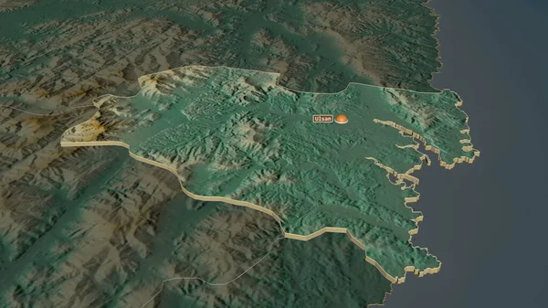 Zoom in on Ulsan (metropolitan city of South Korea) extruded. Oblique perspective. Topographic relief map with surface waters. 3D rendering