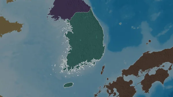 Zarysowany Kształt Południowokoreańskiego Kolorowa Wyboista Mapa Podziału Administracyjnego Wodami Powierzchniowymi — Zdjęcie stockowe