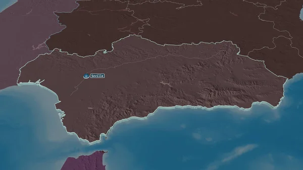 Zoom Andalusia Comunità Autonoma Spagna Estruso Prospettiva Obliqua Mappa Colorata — Foto Stock