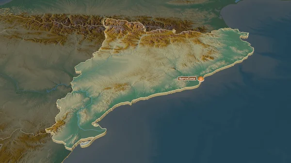 Zoom Auf Cataluna Autonome Gemeinschaft Spaniens Schräge Perspektive Topographische Reliefkarte — Stockfoto