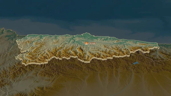 Zoom in on Principado de Asturias (autonomous community of Spain) extruded. Oblique perspective. Topographic relief map with surface waters. 3D rendering