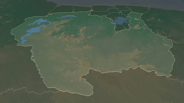 突出Sipaliwini 苏里南区 斜的角度 带有地表水的地形图 3D渲染 — 图库照片