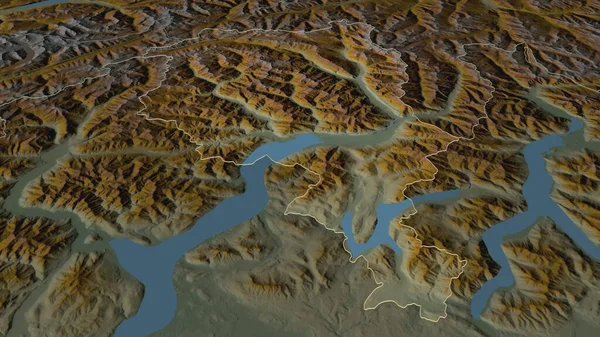 放大提契诺 瑞士州 斜的角度 带有地表水的地形图 3D渲染 — 图库照片