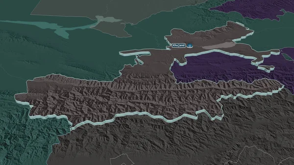 Zoom Leninabad Regione Del Tagikistan Estruso Prospettiva Obliqua Mappa Colorata — Foto Stock