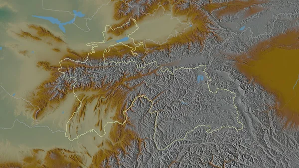 タジキスタン地域の概要 地表水と地形救援マップ 3Dレンダリング — ストック写真