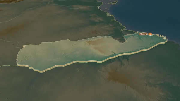 Zoom Mtwara Region Tanzania Extruded Oblique Perspective Topographic Relief Map — Stock Photo, Image