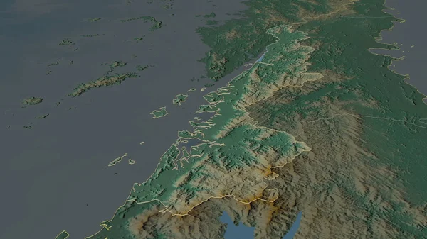 Zoom Ranong Province Thailand Outlined Oblique Perspective Topographic Relief Map — Stock Photo, Image