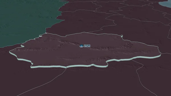 Zoom Auf Gafsa Gouvernement Von Tunesien Schräge Perspektive Farbige Landkarte — Stockfoto