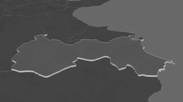 Zoom Mahdia Governorate Tunisia Extruded Oblique Perspective Bilevel Elevation Map — Stock Photo, Image