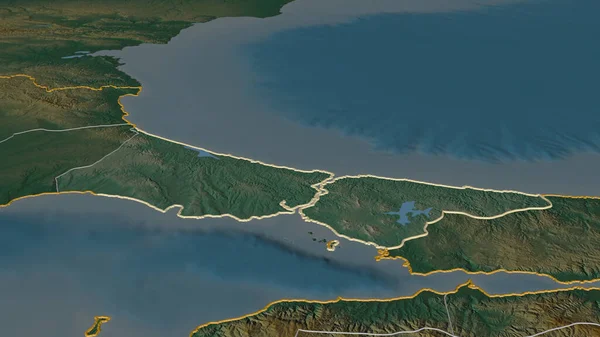 Zoom in on Istanbul (province of Turkey) outlined. Oblique perspective. Topographic relief map with surface waters. 3D rendering