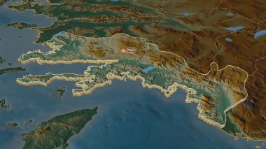 Mugla 'ya (Türkiye ili) yakınlaştırma yapıldı. Belirsiz bir bakış açısı. Yüzey suları olan topografik yardım haritası. 3B görüntüleme