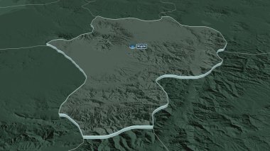 Nigde 'ye (Türkiye ili) yakınlaştır. Belirsiz bir bakış açısı. Yüzey sularıyla birlikte idari bölümün renkli ve çarpık haritası. 3B görüntüleme