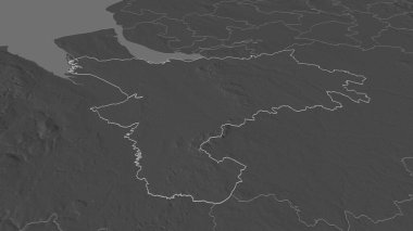 Cheshire West ve Chester 'a (İngiltere idari bölgesi) yakınlaştırın. Belirsiz bir bakış açısı. Yüzey sularıyla çift seviyeli yükseklik haritası. 3B görüntüleme
