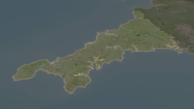 Cornwall 'a (İngiltere idari bölgesi) yakınlaş. Belirsiz bir bakış açısı. Uydu görüntüleri. 3B görüntüleme