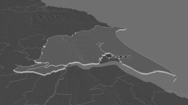 Yorkshire 'ın Doğu Biniciliğine (İngiltere' nin üniter otoritesi) yakınlaştırın. Belirsiz bir bakış açısı. Yüzey sularıyla çift seviyeli yükseklik haritası. 3B görüntüleme