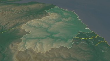 Northumberland 'a (İngiltere idari bölgesi) yakınlaştır. Belirsiz bir bakış açısı. Yüzey suları olan topografik yardım haritası. 3B görüntüleme