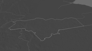 Peterborough 'a (İngiltere' nin üniter otoritesine) yakınlaş. Belirsiz bir bakış açısı. Yüzey sularıyla çift seviyeli yükseklik haritası. 3B görüntüleme