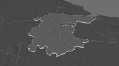 Stockton-on-Tees 'e (İngiltere' nin üniter otoritesi) yakınlaştırın. Belirsiz bir bakış açısı. Yüzey sularıyla çift seviyeli yükseklik haritası. 3B görüntüleme