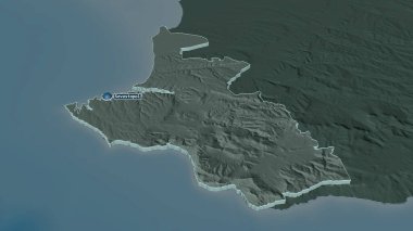 Sivastopol 'a (Ukrayna özerk cumhuriyeti) yakınlaştırın. Belirsiz bir bakış açısı. Yüzey sularıyla birlikte idari bölümün renkli ve çarpık haritası. 3B görüntüleme