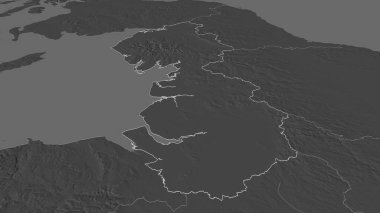 Kuzey batıya (Birleşik Krallık bölgesi) yakınlaştırın. Belirsiz bir bakış açısı. Yüzey sularıyla çift seviyeli yükseklik haritası. 3B görüntüleme