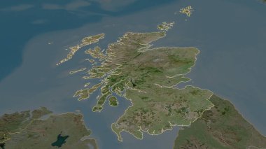 Zoom in on Scotland (region of United Kingdom) outlined. Oblique perspective. Satellite imagery. 3D rendering clipart