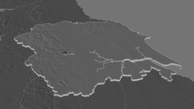 Yorkshire ve Humber 'a (Birleşik Krallık bölgesi) yakınlaştırın. Belirsiz bir bakış açısı. Yüzey sularıyla çift seviyeli yükseklik haritası. 3B görüntüleme