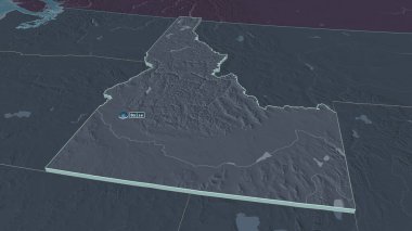 Idaho 'ya (ABD eyaleti) yakınlaştır. Belirsiz bir bakış açısı. Yüzey sularıyla birlikte idari bölümün renkli ve çarpık haritası. 3B görüntüleme