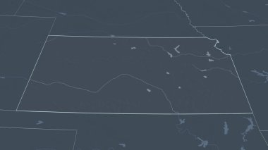 Kansas 'a (ABD eyaleti) yakınlaştır. Belirsiz bir bakış açısı. Yüzey sularıyla birlikte idari bölümün renkli ve çarpık haritası. 3B görüntüleme