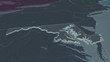 Maryland 'e (ABD eyaleti) yakınlaştır. Belirsiz bir bakış açısı. Yüzey sularıyla birlikte idari bölümün renkli ve çarpık haritası. 3B görüntüleme