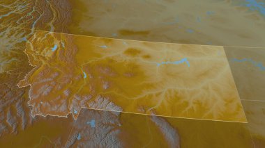 Montana 'ya (ABD eyaleti) yakınlaştır. Belirsiz bir bakış açısı. Yüzey suları olan topografik yardım haritası. 3B görüntüleme