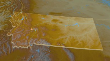 Montana 'ya (ABD eyaleti) yakınlaştırın. Belirsiz bir bakış açısı. Yüzey suları olan topografik yardım haritası. 3B görüntüleme