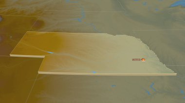 Nebraska 'ya (ABD eyaleti) yakınlaştır. Belirsiz bir bakış açısı. Yüzey suları olan topografik yardım haritası. 3B görüntüleme