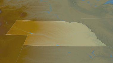Nebraska 'ya (ABD eyaleti) yakınlaştır. Belirsiz bir bakış açısı. Yüzey suları olan topografik yardım haritası. 3B görüntüleme