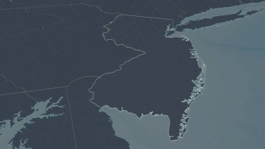 New Jersey 'e (ABD eyaleti) yakınlaştır. Belirsiz bir bakış açısı. Yüzey sularıyla birlikte idari bölümün renkli ve çarpık haritası. 3B görüntüleme