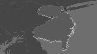 New Jersey 'e (ABD eyaleti) yakınlaştırın. Belirsiz bir bakış açısı. Yüzey sularıyla çift seviyeli yükseklik haritası. 3B görüntüleme