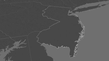 New Jersey 'e (ABD eyaleti) yakınlaştır. Belirsiz bir bakış açısı. Yüzey sularıyla çift seviyeli yükseklik haritası. 3B görüntüleme